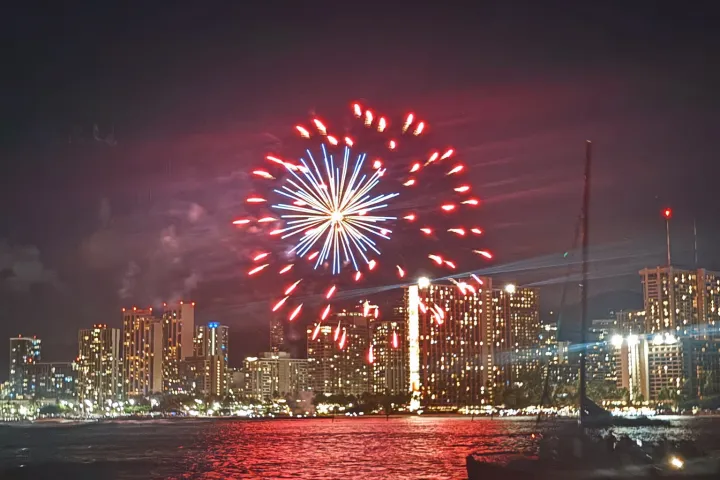 Fireworks above a city skyline at night, with reflections on the water.