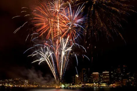fireworks over the water and city skyline
