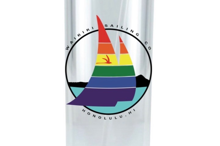 Clear tumbler with rainbow sailboat logo, text 'Waikiki Sailing Co, Honolulu HI.'