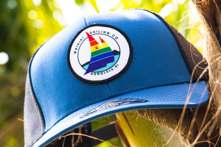 Blue cap with a rainbow sail logo hangs on a palm tree with sunlight and green leaves in the background.